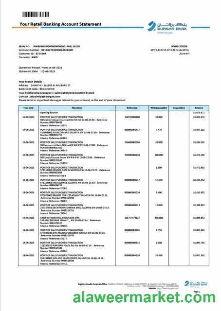 Kuwait Burgan Bank retail account statement Word and PDF template